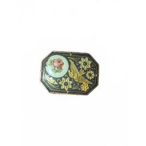 Vintage Small Decorative Damascene Pin with Floral and Bird Design